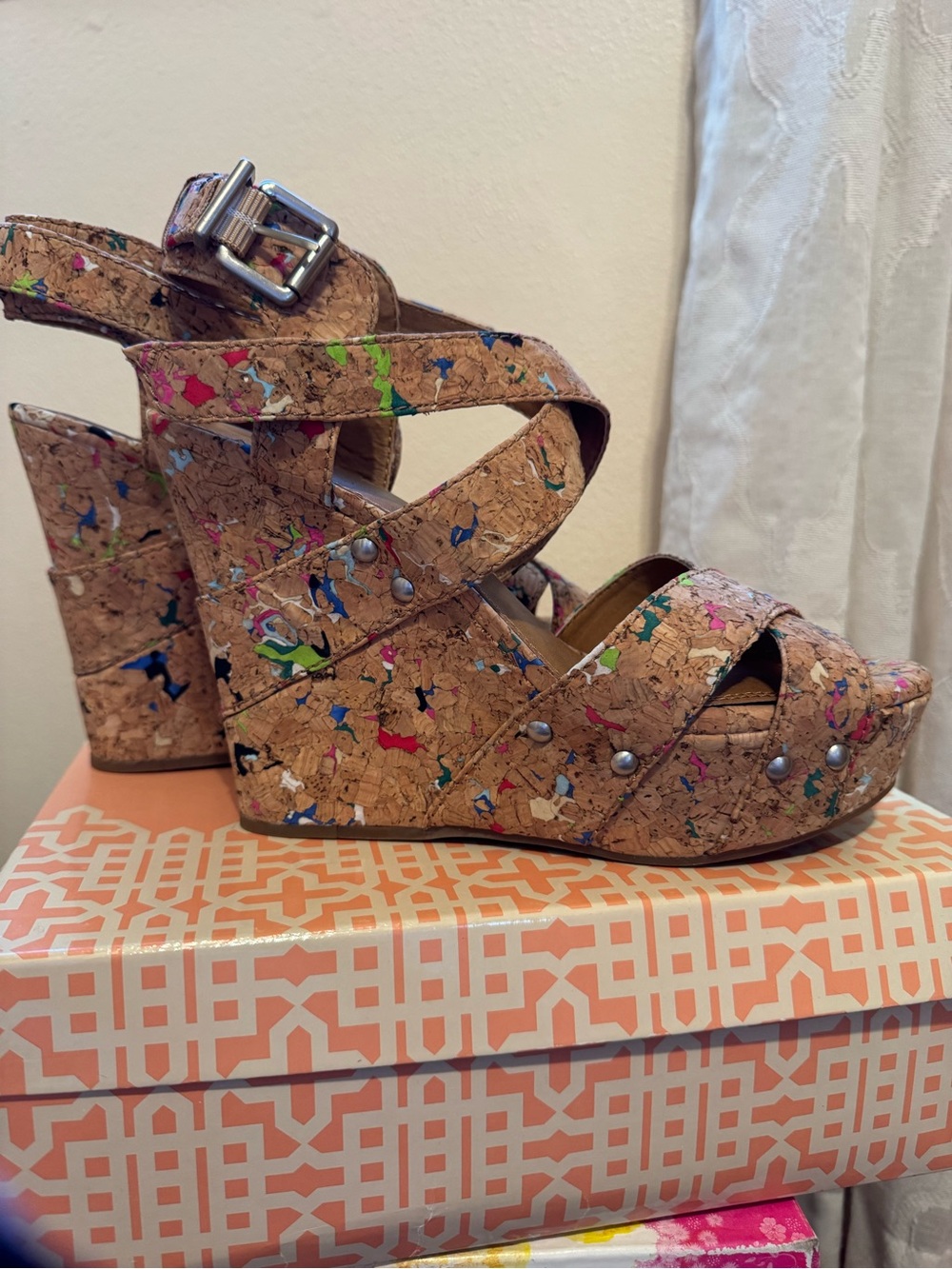 Gianni Bini Cork Platform Wedge Sandals with Multicolor Speckle